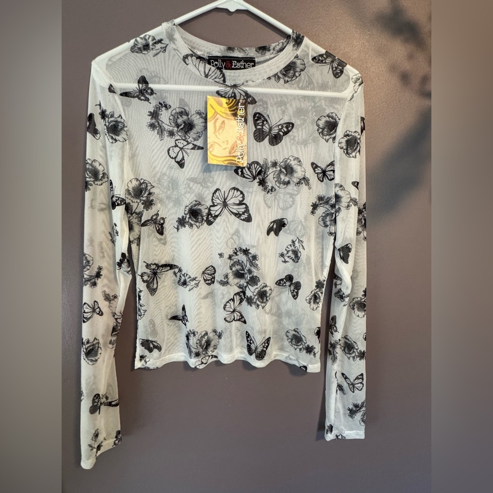Polly & Esther Monochrome Butterfly Floral Top